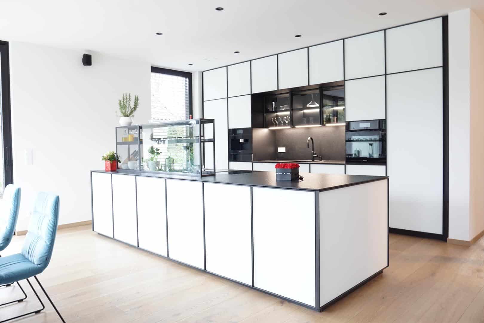 Moderne weiße Küche mit Insel und Zimmerpflanzen.