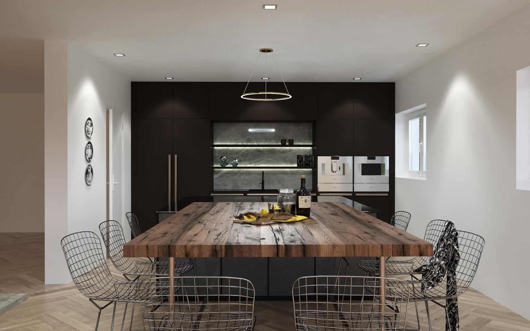 Moderne Küche mit Holztisch und Metallstühlen