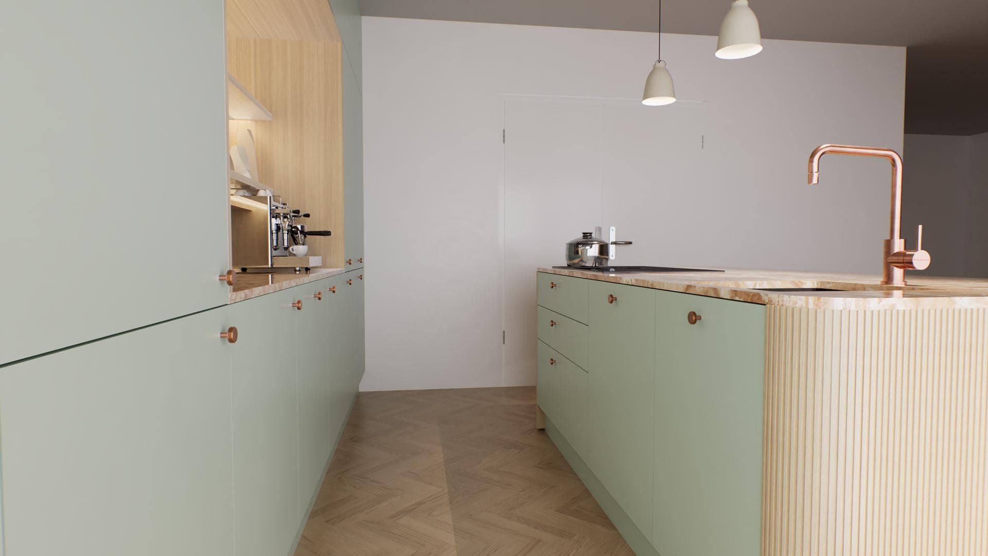Moderne Küche mit grünen Schränken und Kupferarmatur
