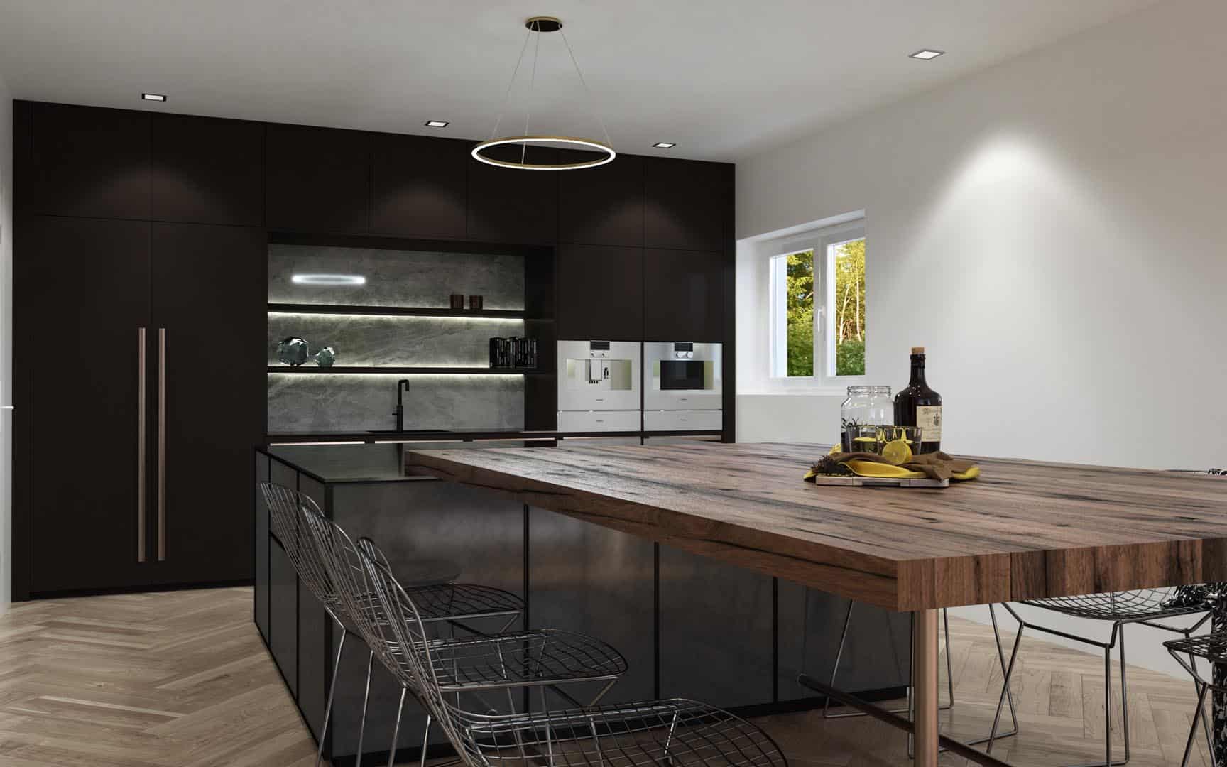 Moderne Küche mit Holztisch und schwarzen Schränken
