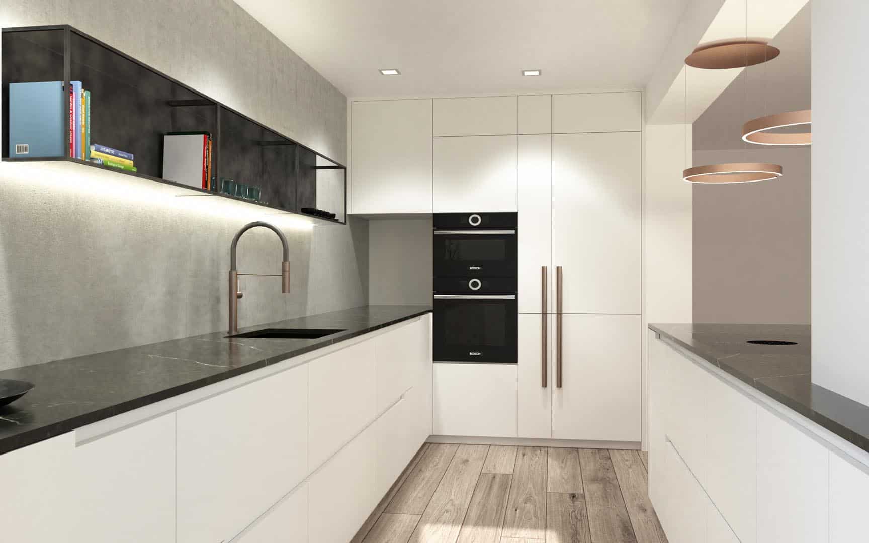 Moderne Küche mit weißen Schränken und Holzfußboden