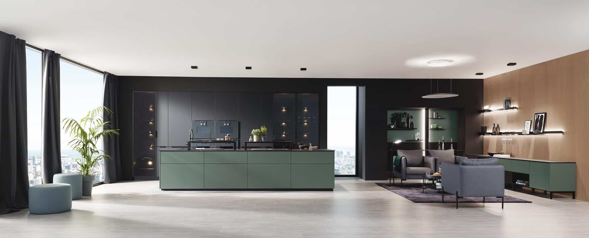 Moderne Küche mit grüner Insel und Wohnzimmer