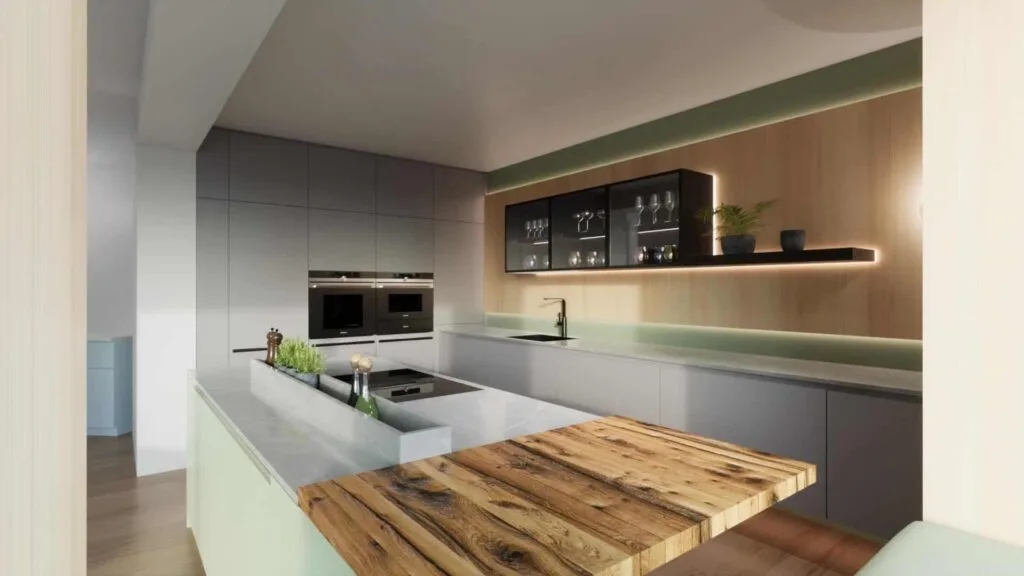 Moderne Küche mit Holz- und Lichtelementen