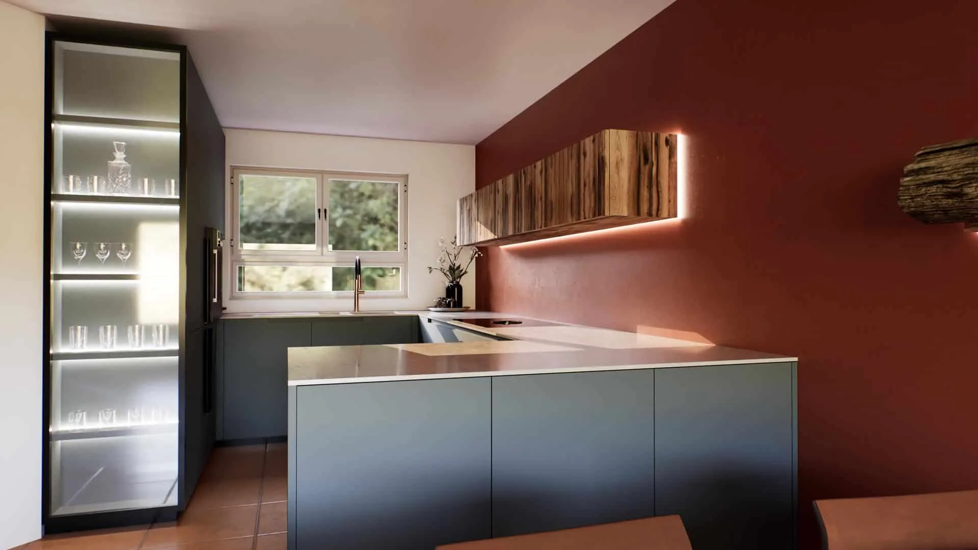 Moderne Küche mit Glasregalen und Holzelementen