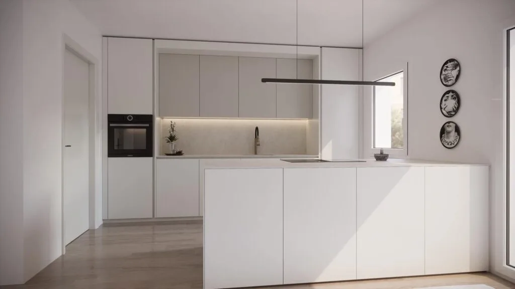 Moderne weiße Küche mit minimalistischen Design.