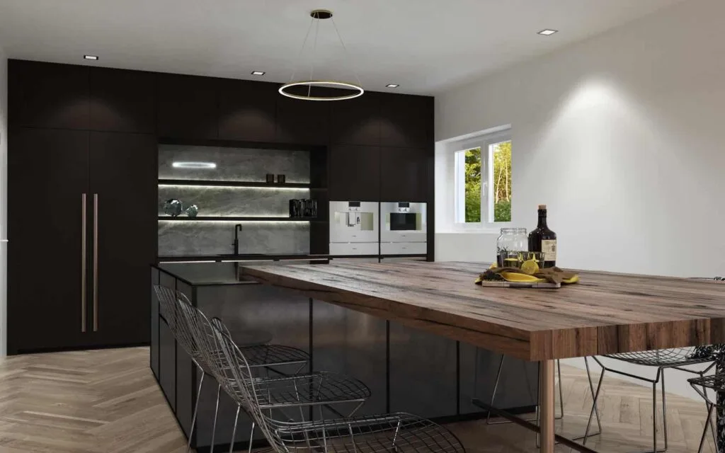 Moderne Küche mit Holztisch und schwarzen Schränken