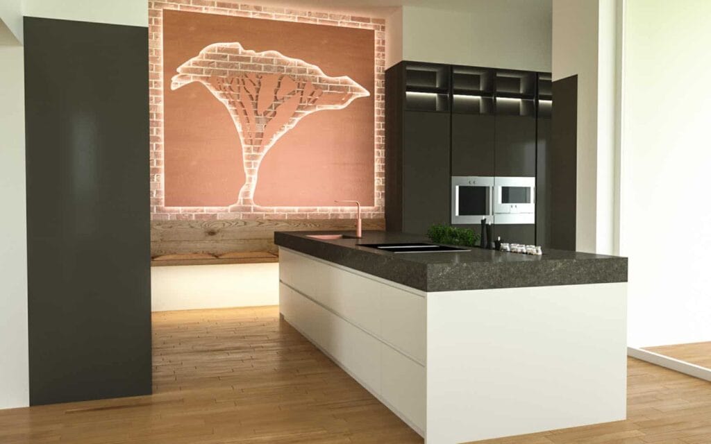 Moderne Küche mit großer Baum-Wandgestaltung