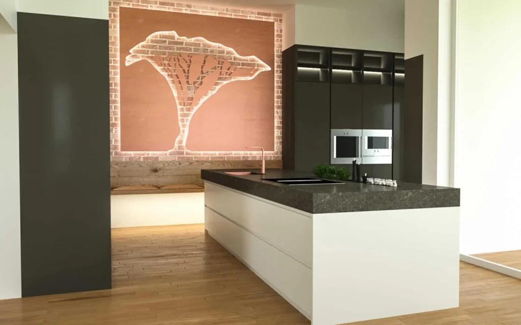Moderne Küche mit großer Baum-Wandgestaltung