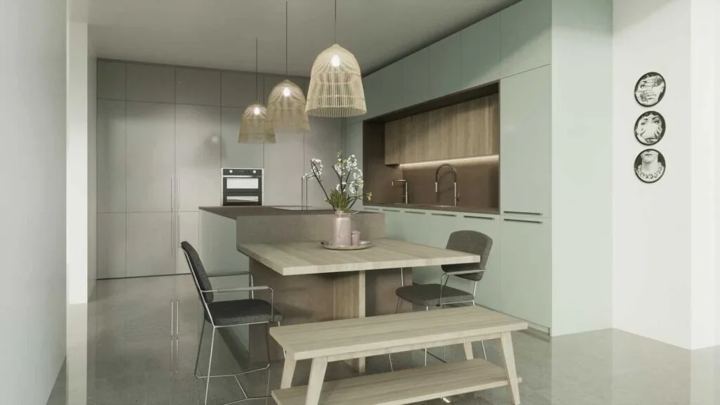 Moderne Küche mit Esstisch und Hängelampen.