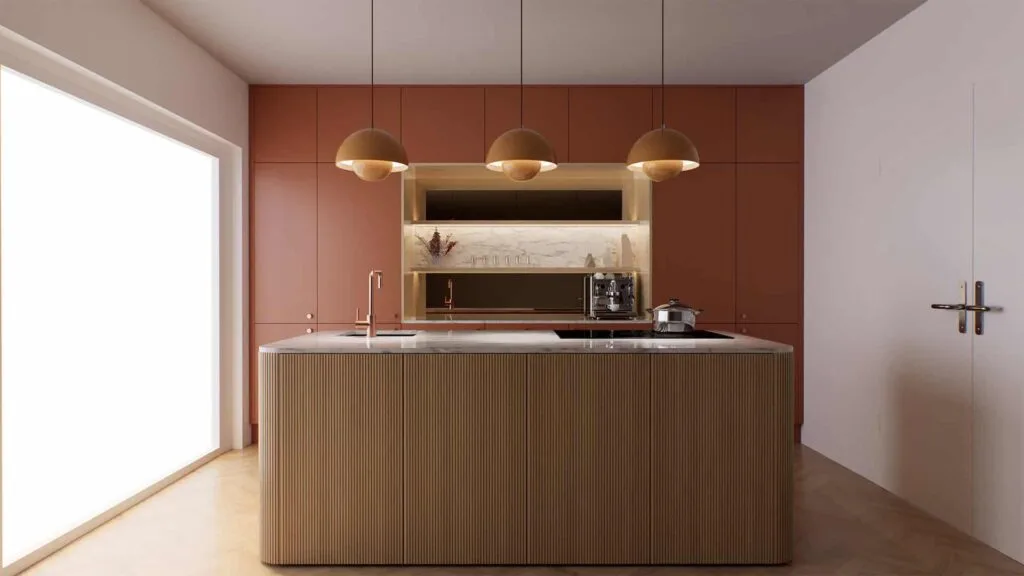 Moderne Küche mit Insel, Hängelampen und Geräte